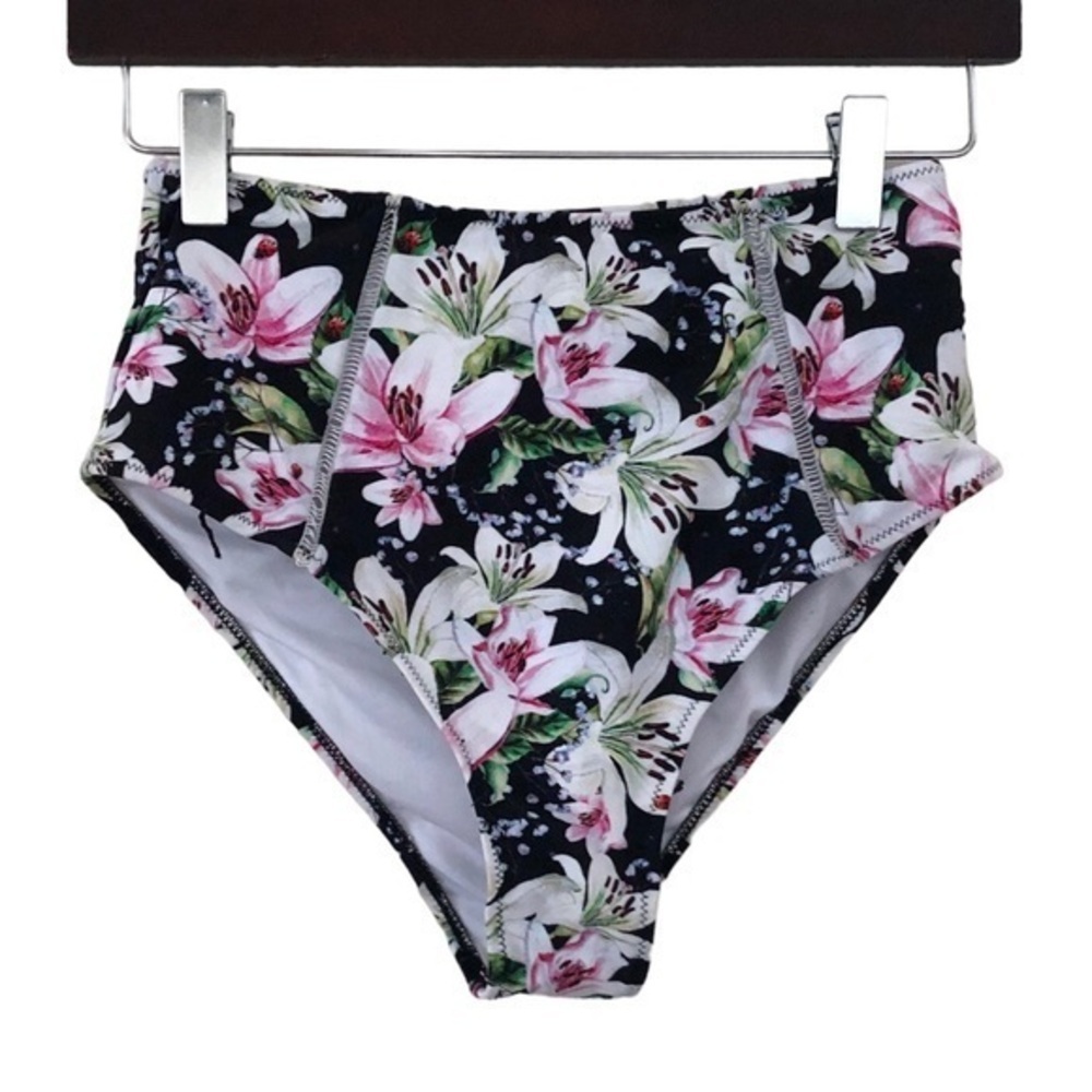 CUPSHE FLORAL BLACK WHITE PINK GREEN HIGH WAIST BIKINI BOTTOM NEW S